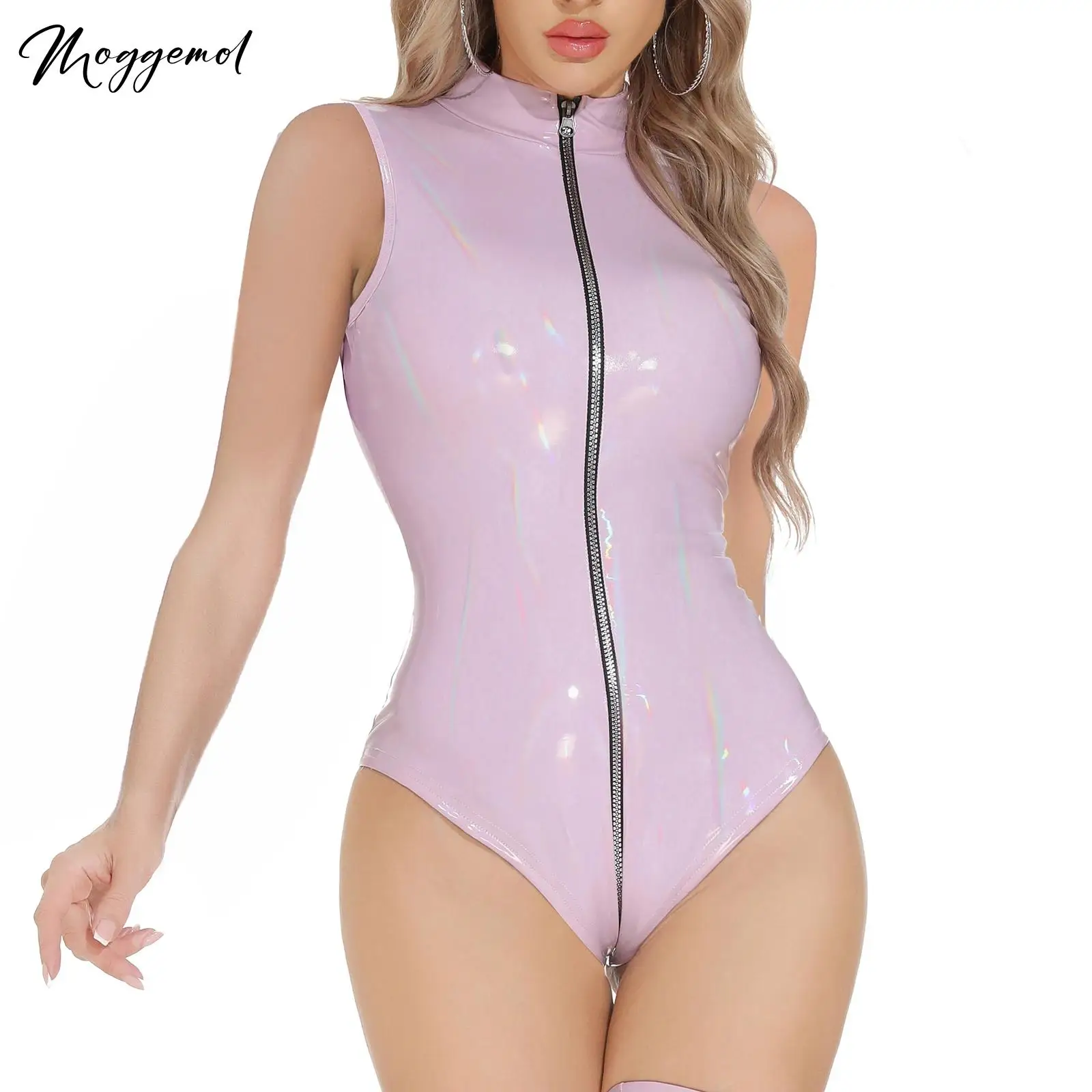 Womens PU Leather Sleeveless Front Zipper Leotard Jumpsuit One Piece Bodycon High Cut Shiny Metallic Bodysuit for Night Club