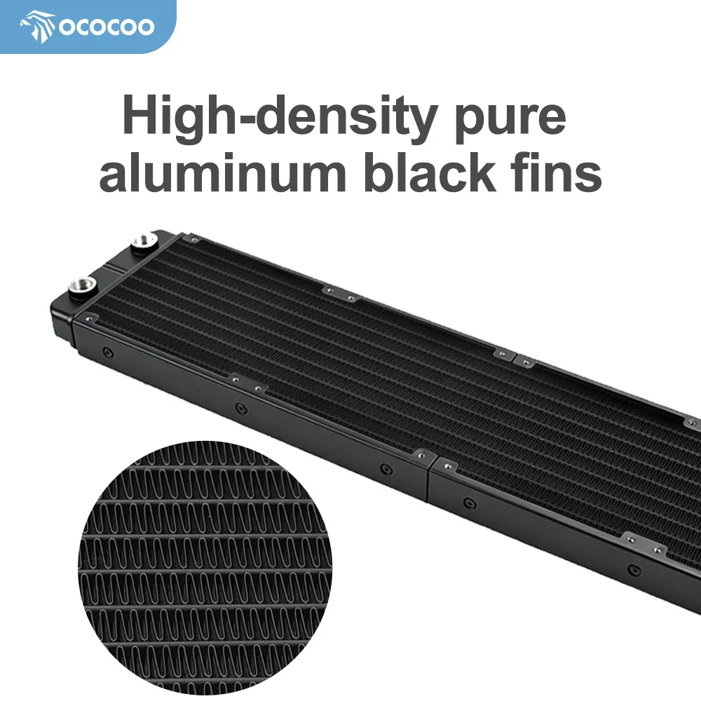 OCOCOO PC Water Cooling Radiator 480mm Toothed Aluminum Heat Exchanger G1/4 Thread 27mm Thin Computer Cooler 4x120mm Fan AT480