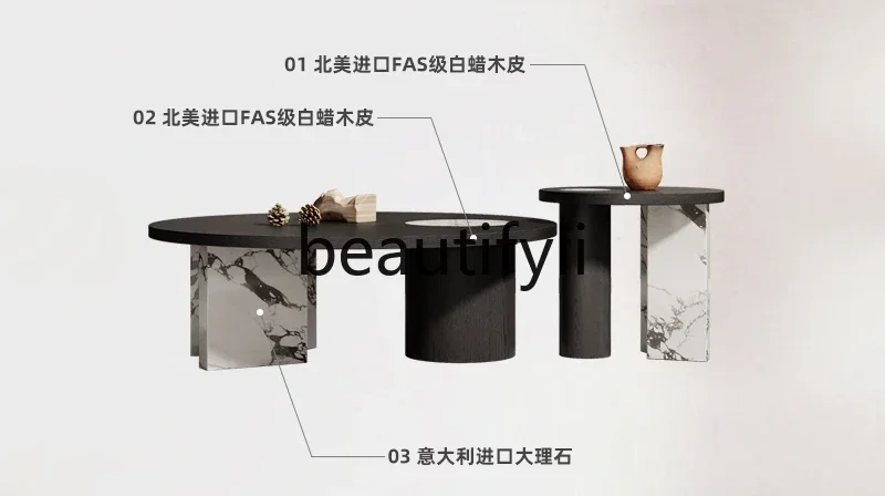 Mesa de centro minimalista italiana a56, laje de rocha, sala de estar, criativa, madeira fumada, couro, combinação redonda