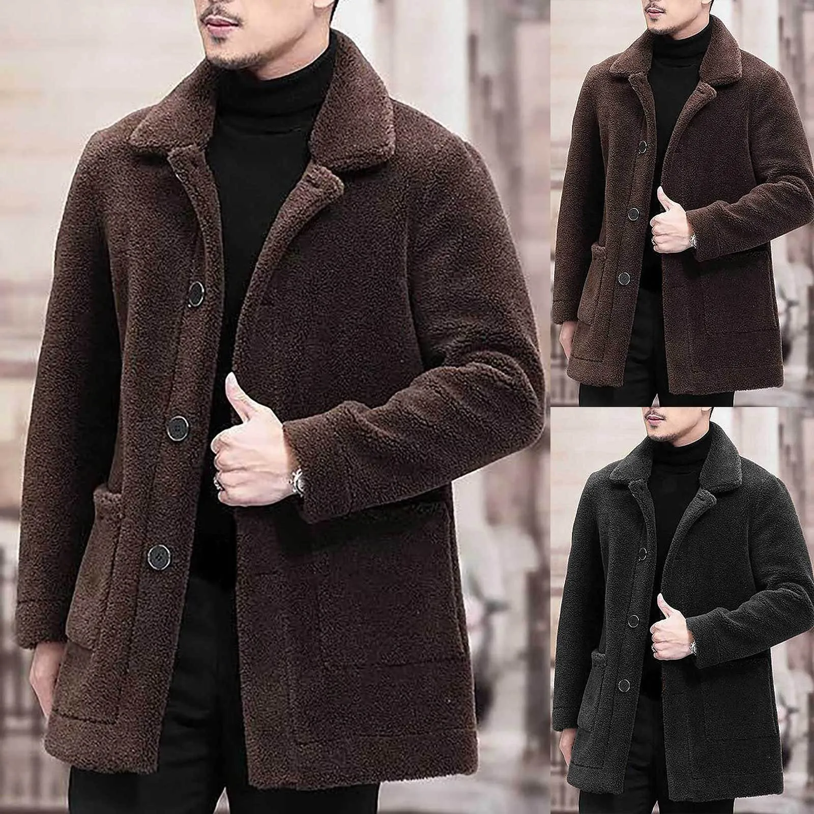 Mens Faux Fur Long Jacket Single Breasted Double-Sided Warm Overcoat Long Sleeve Leather Coats Winter Commuting style Casual