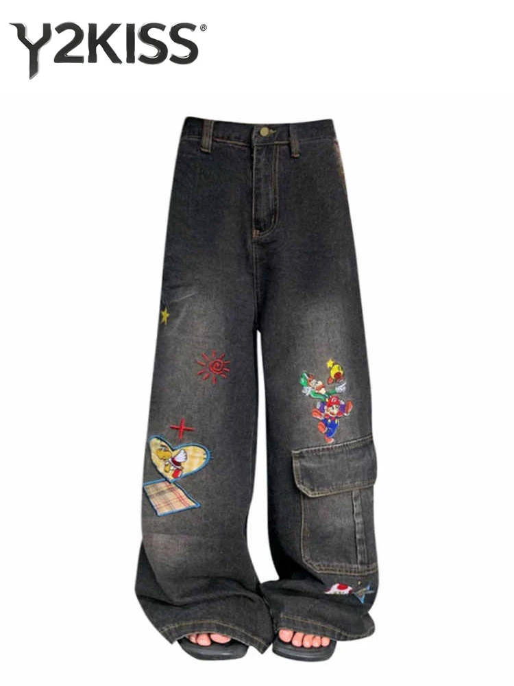 

Women's Cargo Jeans Cute Designer Harajuku Wide Fit Tide Punk Denim Pants American Retro Y2K Harajuku Cowboy High Street 2000s