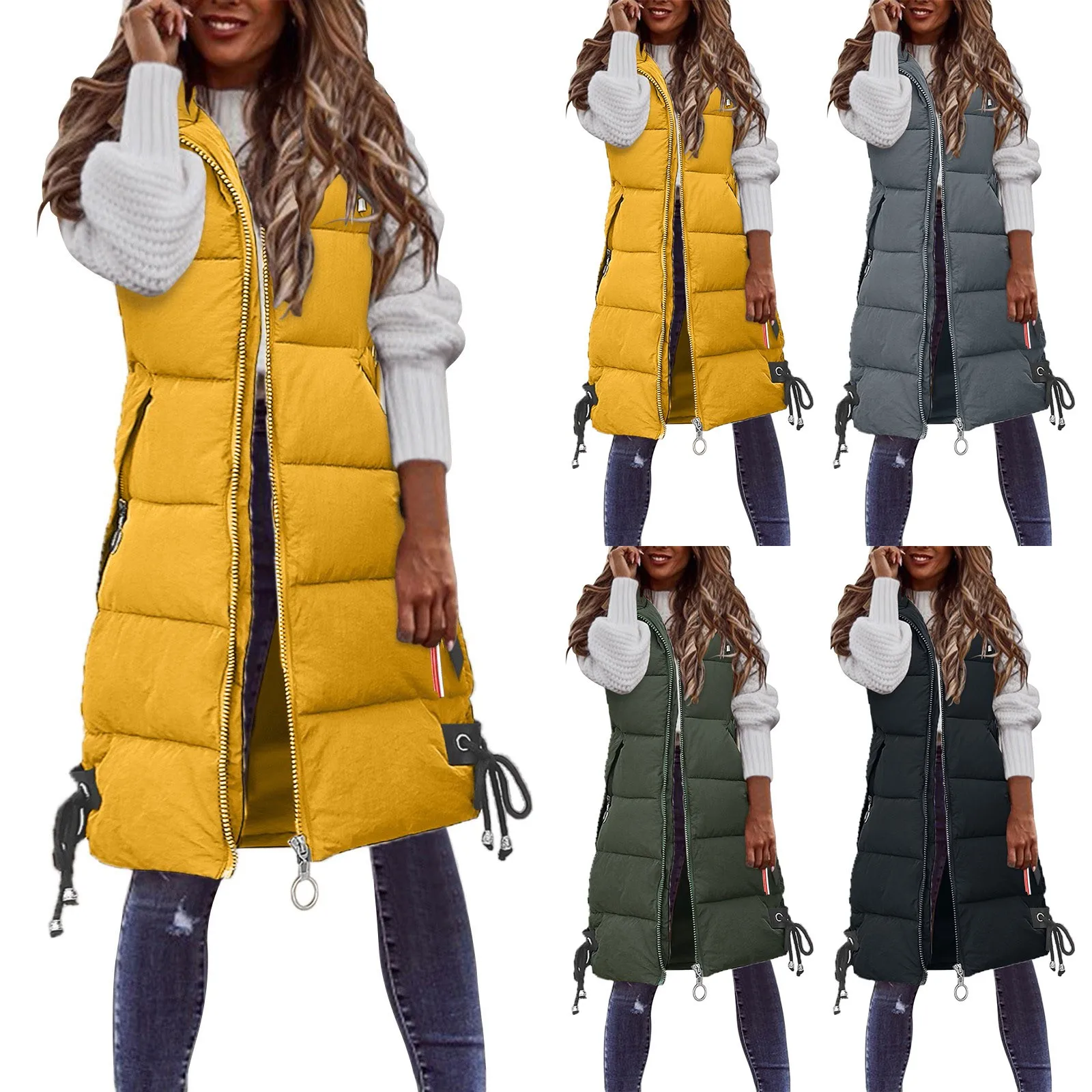 Women Solid Hooded Vest Zipper Pocket Loose Sleeveless Jacket Long Down Coat Female Winter Warm Vest Cold-Proof Puffer Coats