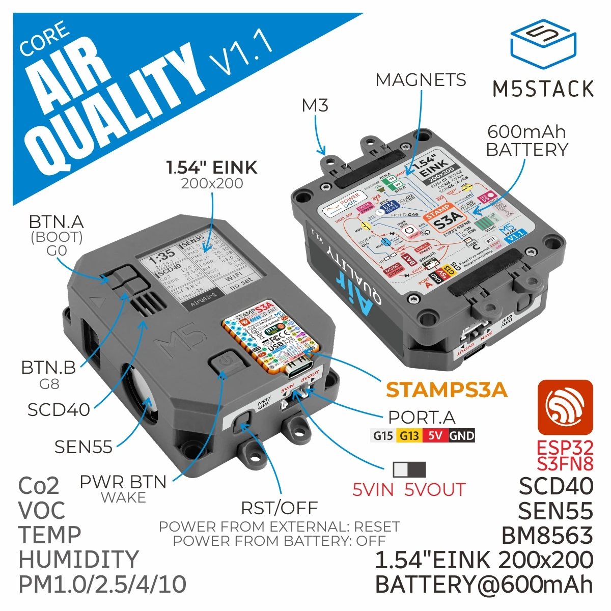 

Официальный комплект качества воздуха M5Stack v1.1 с M5stampS3A (SEN55, SCD40)