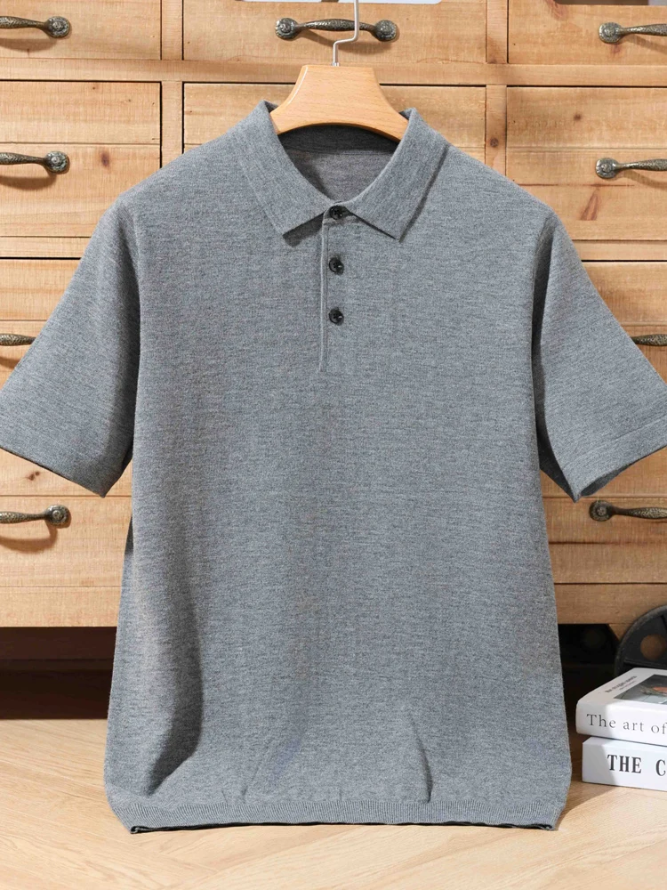 Spring Summer Men's Polo T-shirt Thin Soft Smart Casual Short Sleeve Pullover Sweater 30% Merino Wool Knitwear Korean Fashion