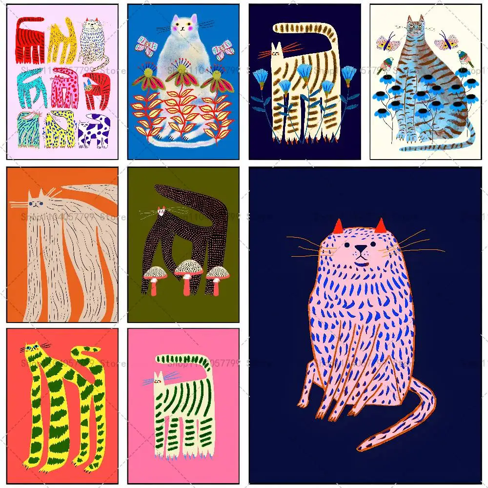Interessantes abstraktes, seltsames Katzen-Poster, selbstklebende Wandbild-Kunst, wasserfester Aufkleber für die Dekoration, hochwertiger Druck, Geschenk