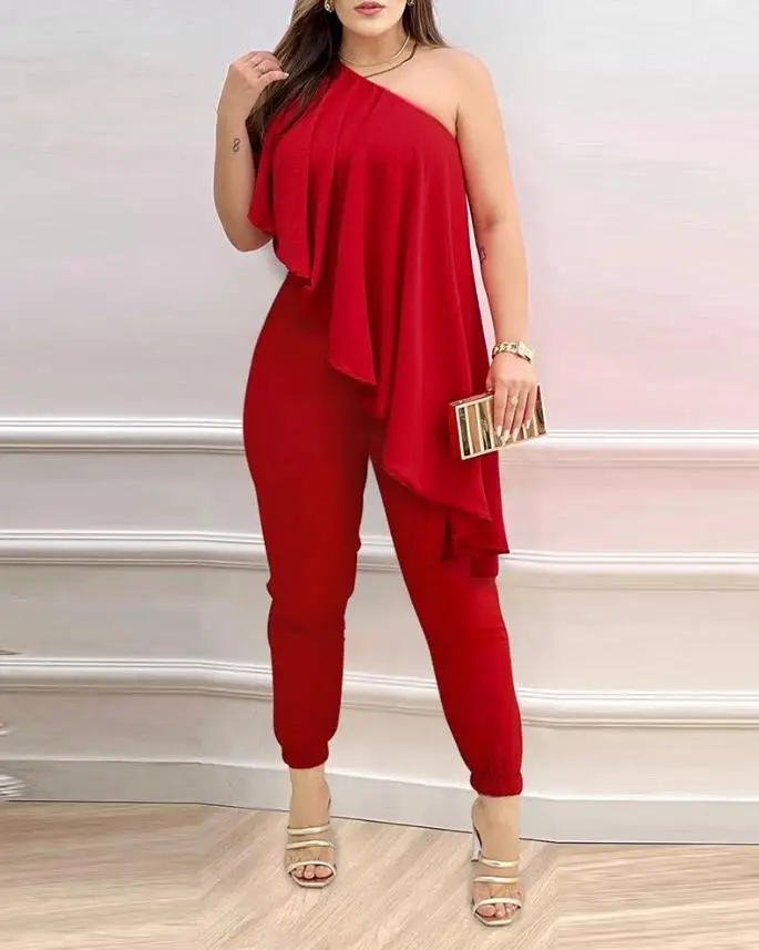 

Hot Selling for Women Jumpsuit 2024 Spring Summer New Fashion One Shoulder Asymmetrical Ruffles Party Wedding Guest Jumpsuit