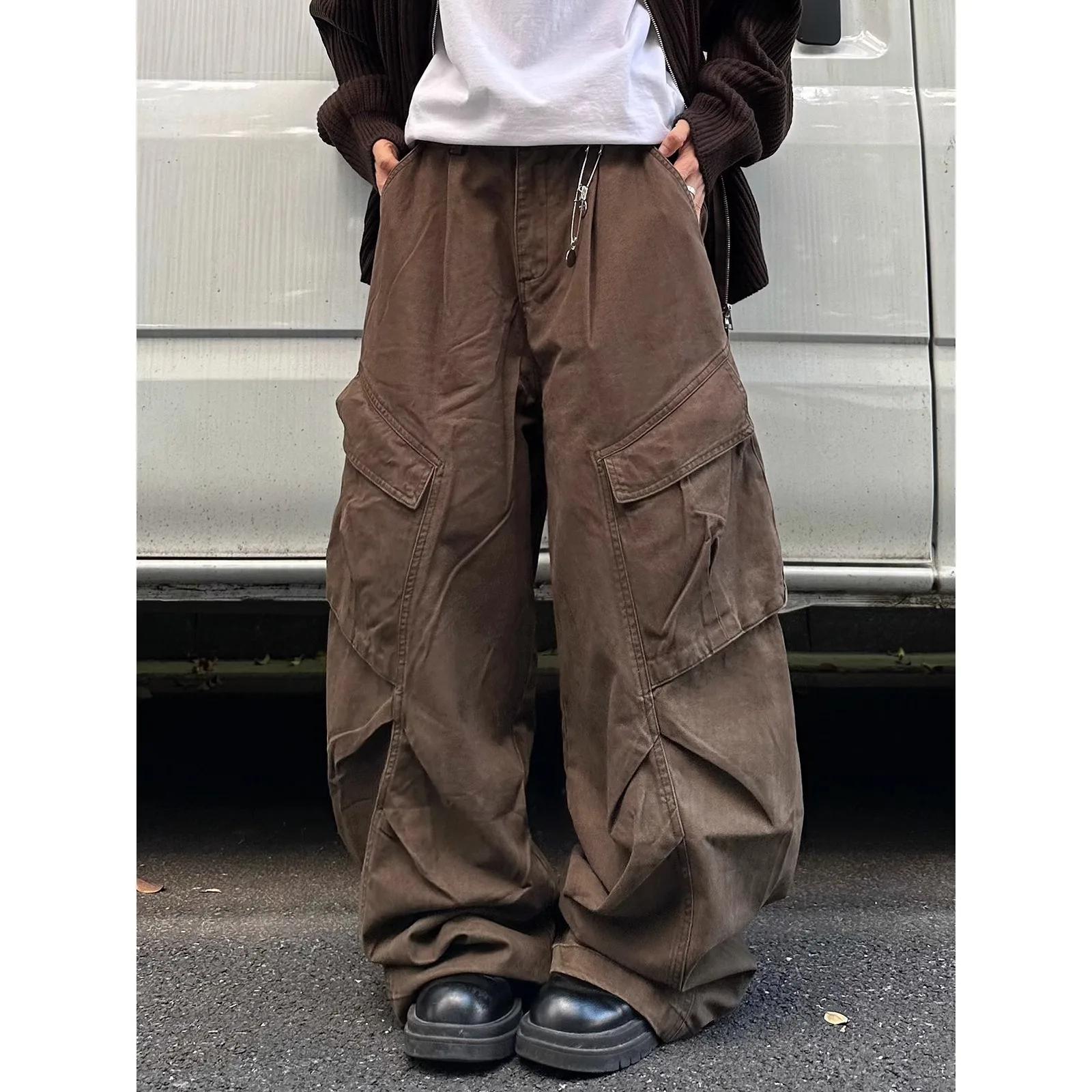 Pantaloni cargo in denim lavato vintage da uomo, jeans larghi dritti da donna in puro cotone con tasca grande, pantaloni Y2K in tinta unita