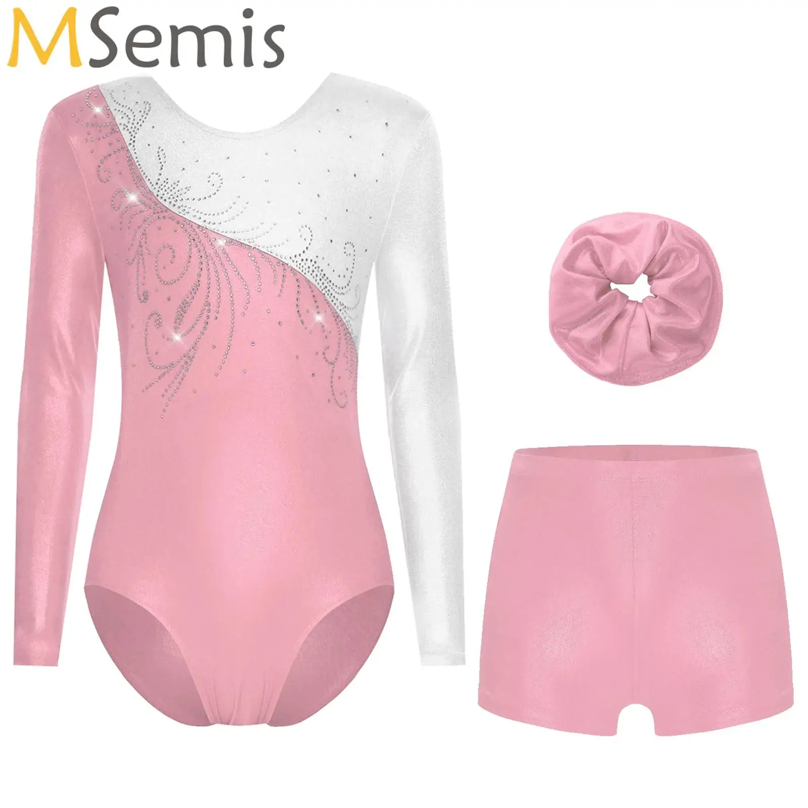

Kids Girls Shiny Ballet Jersey Leotard Tight Fitting Bodysuit with Shorts Hairband Set Gymnastics Figure Skating Dance Costume