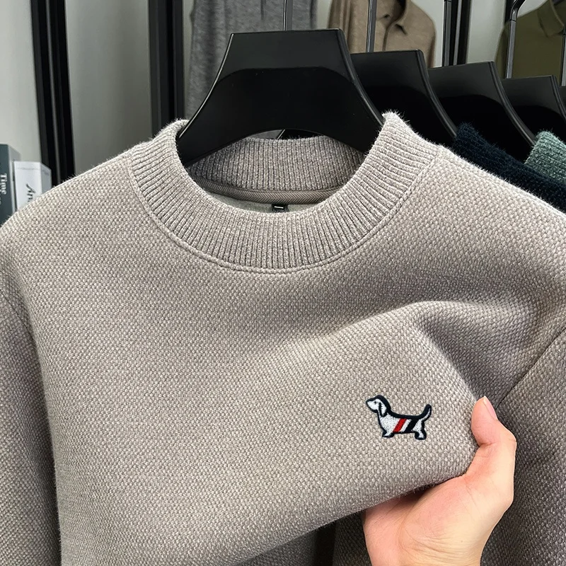 

Autumn Winter New Men's O-Neck Plush Thickened Sweater High Quality Puppy Print Knitwear Warm Business Casual Commuter Menswear
