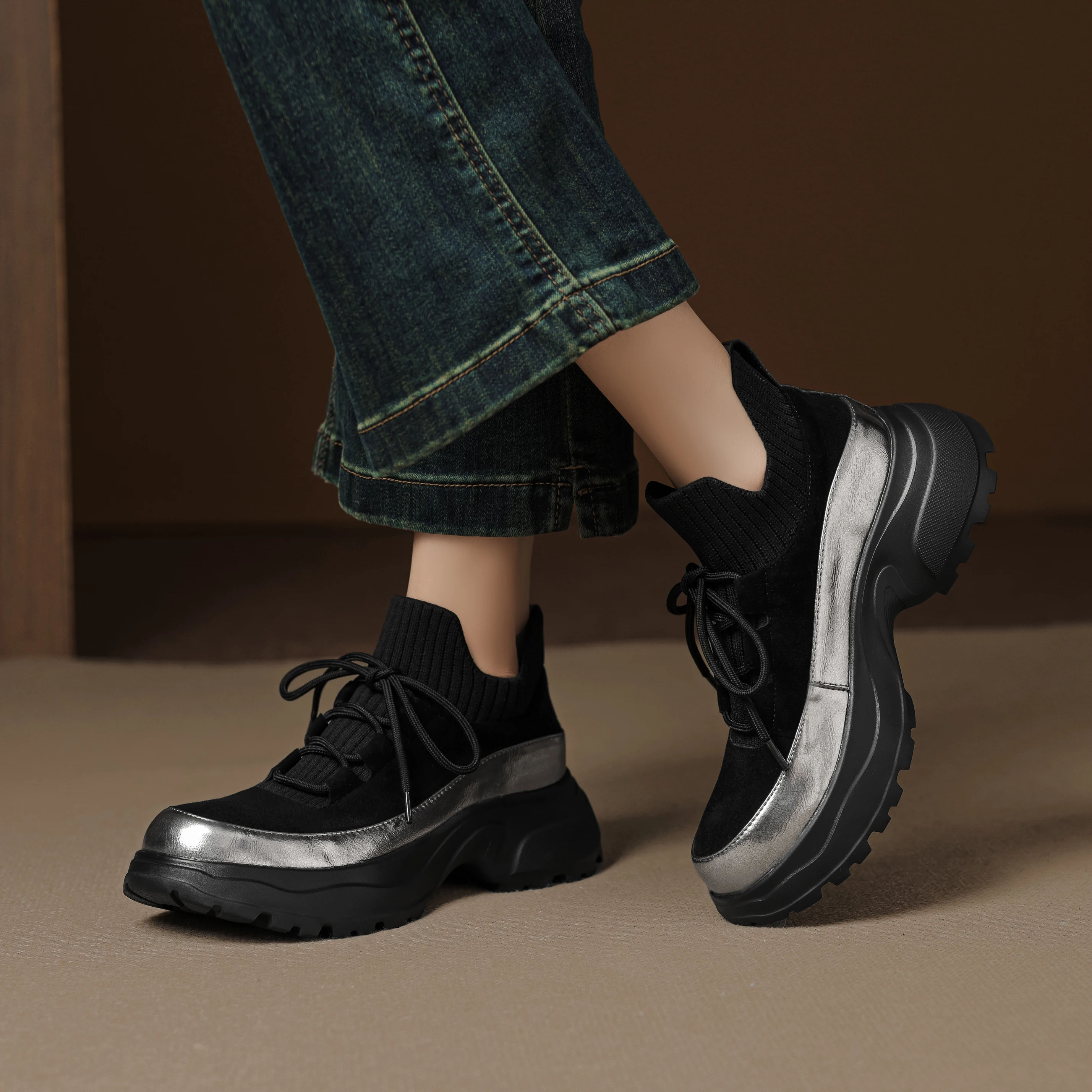 Genuine Leather  Woman Flat Platform Sneakers Womans Casual Shoes Chunky winter Sneaker Loafers Trainers Zapatos Mujer