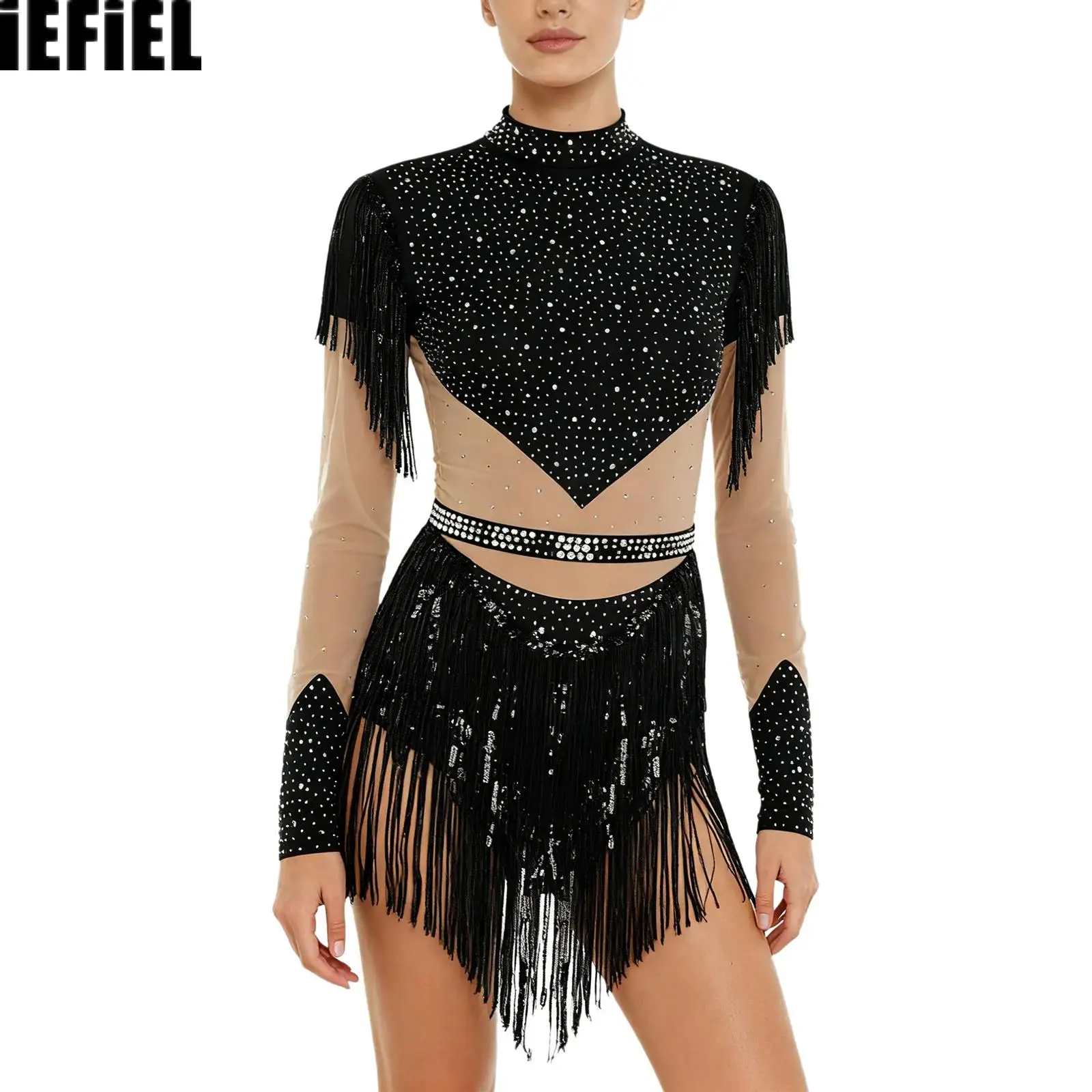 

Womens Sequins Dance Leotard Tassel Figure Skating Long Sleeve Crotch Back Zip Contrast Color Jumpsuit for Latin Chacha