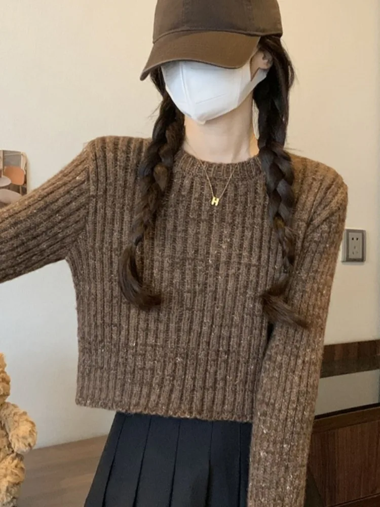 Karamell-Strickpullover für Damen, Herbst und Winter, SLE-Innenbekleidung, lockere Passform, Baumwolle, rund, Ne Long Sve Color