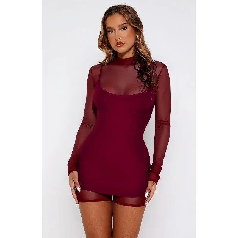 GUWU Tuta corta da donna sexy con cerniera in rete trasparente e mini abito riflettente con cinturino Set da due pezzi per party club