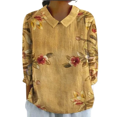

Women's Vintage Blouses Casual Soring Fall Long-sleeve Linen Lapel Print Fashion Loose Shirt Elegant Women Top Clothing