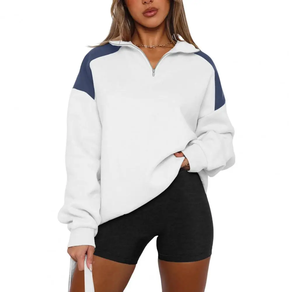 Color Block Activewear Women's Street Style Sweatshirt with Turn-down Collar Loose Fit Half Zipper Detail for Spring Fall