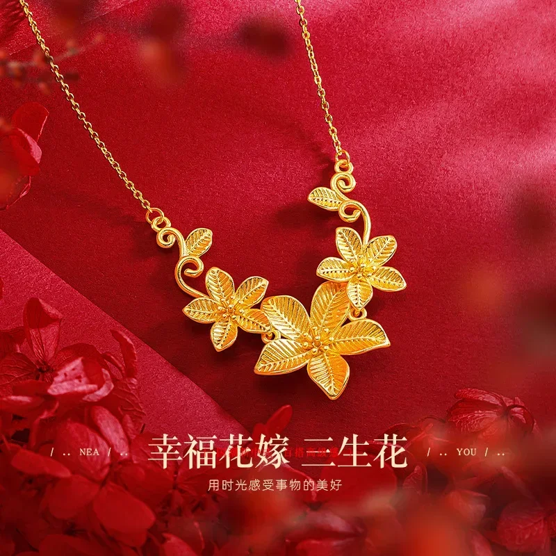 9999 Real Gold 24K Ethnic Style Sansheng Flower Necklace Gold Ancient Gold Premium Women's Wedding Flower Wedding Necklace