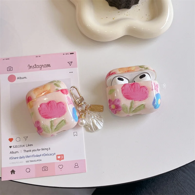 Oil painting flower Tulip Earphone Case For Apple Airpods Pro 2 3 4  Cover For Airpod Pro2 Silicone Cute Headphone Charging Case