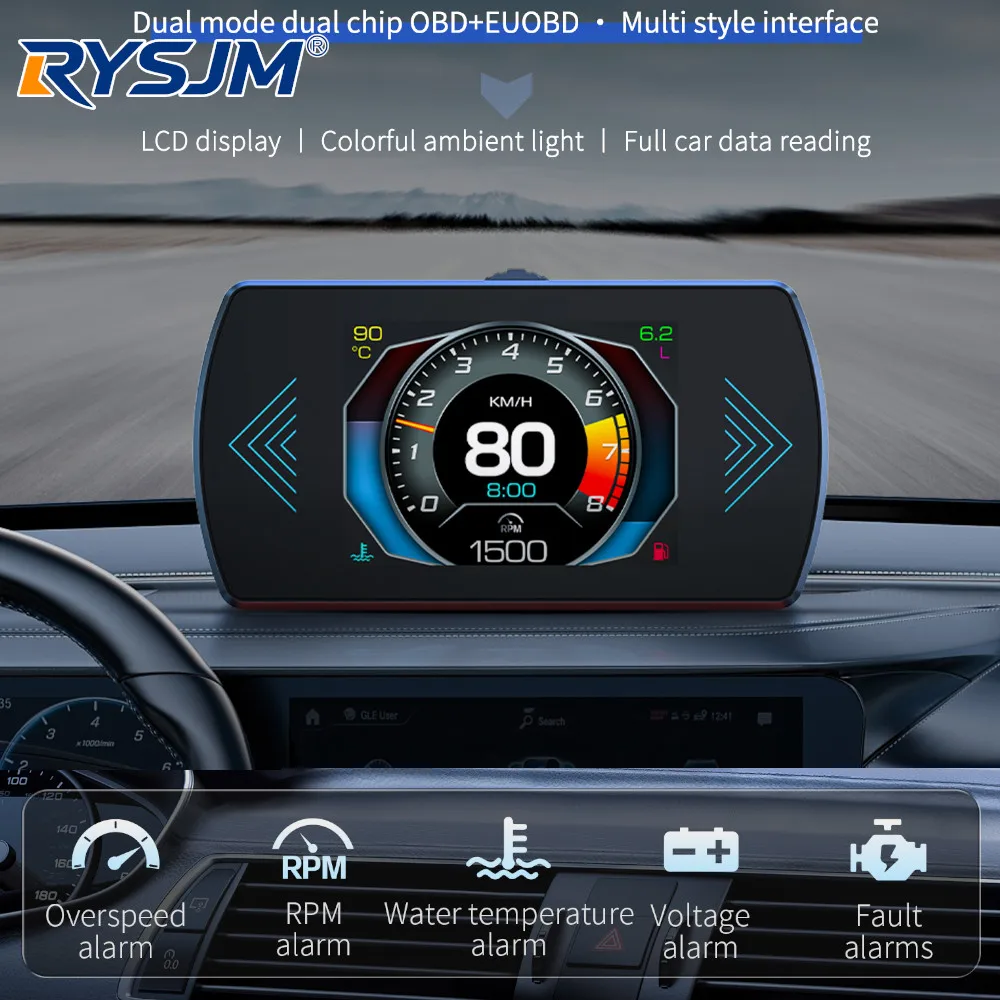 

Цифровой проекционный дисплей P12 OBD2 HUD, диагностический прибор OBD, интеллектуальный цифровой спидометр, индикатор оборотов, напряжения, кодов неисправностей и сигнализация.