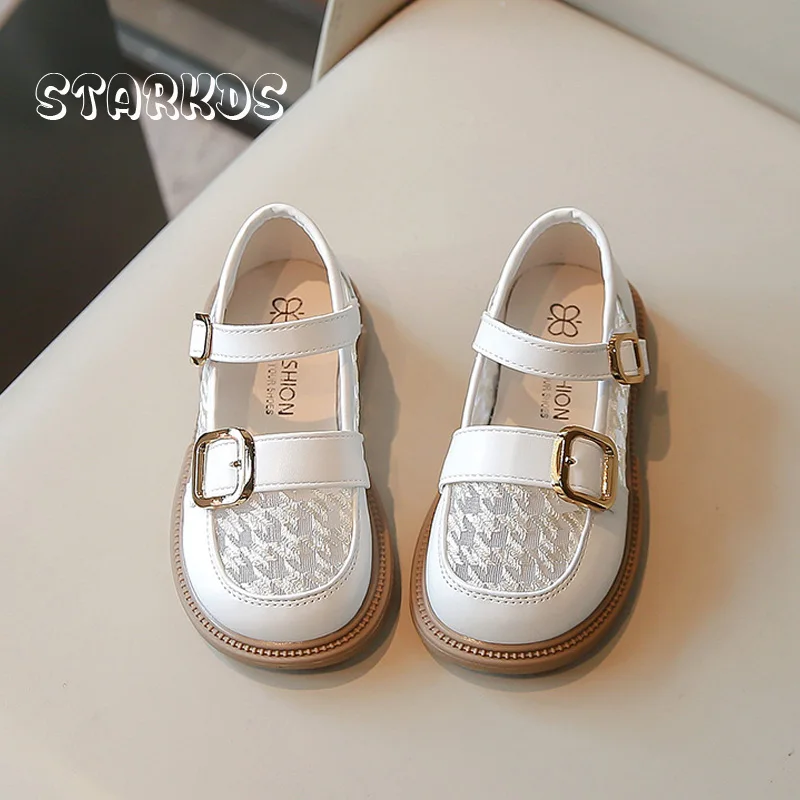 Elegant Houndstooth Lace Mesh Loafers For Kid Girl Thick Sole Buckle Strap Mary Janes Children White Black British School Shoes