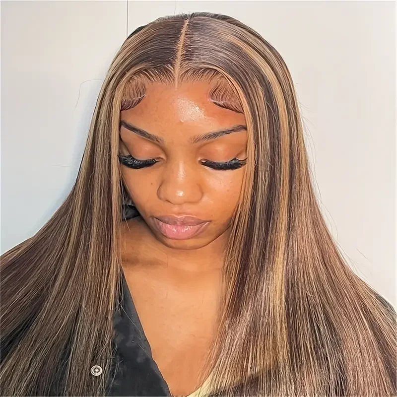 13x4 resalta el cabello humano recto de las pelucas del frente del cordón de Ombre pre desplumado # 4/27 Color rubio miel brasileño para mujer