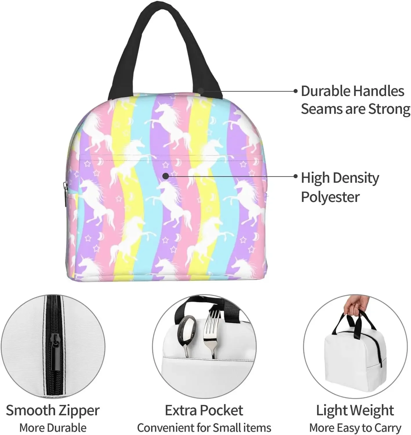 Rainbow Unicorn Lunch Bag for Kids Girls Women Thermal Picnic Box lavabile riutilizzabile colorato per il lavoro d\'ufficio scolastico