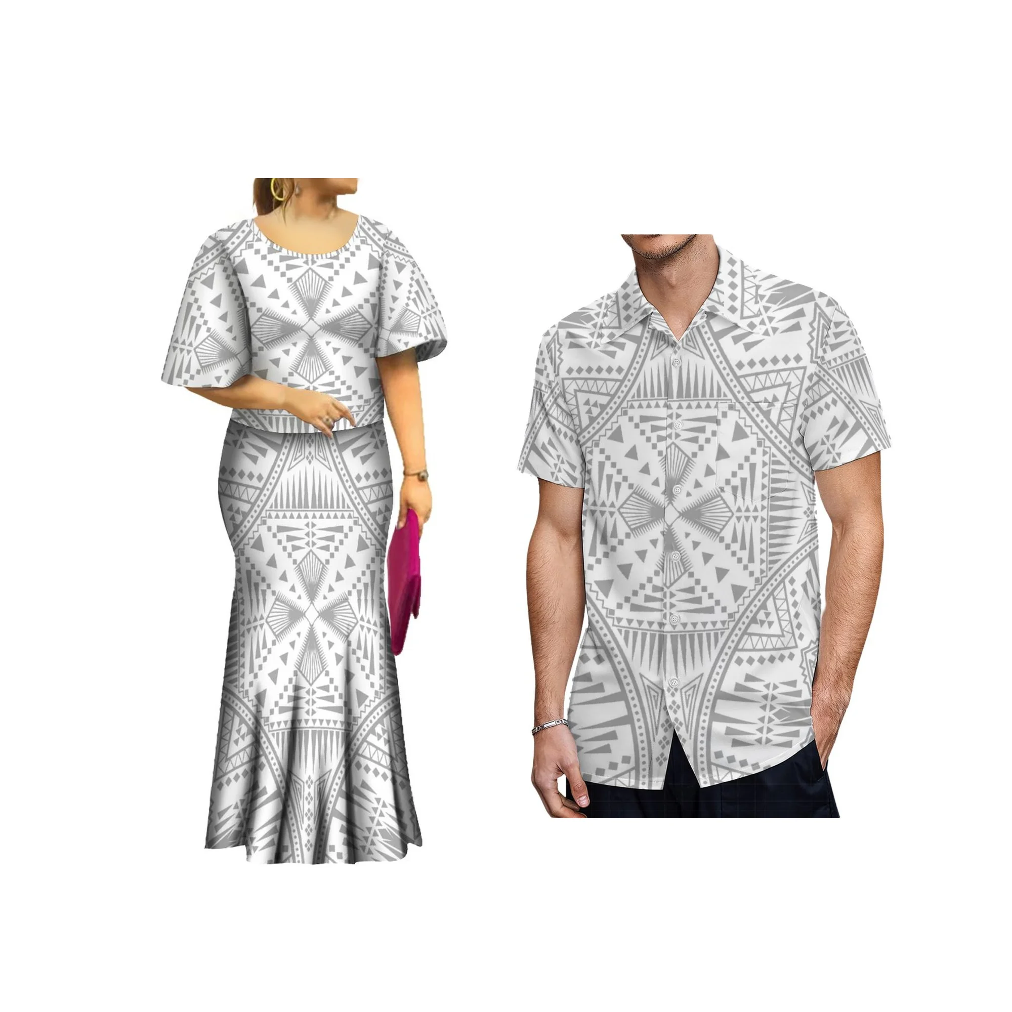 2024 New Design mother day Samoa White Puletasi And Men Shirt Custom Sets Of Couples Top And Fishtail Shirts Womens Two Piece Se