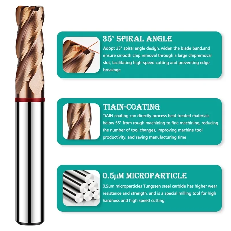 HRC55 4-Flute Color Circle Round Nose Milling Cutter Tungsten Steel Carbide CNC Mechanical Machining End Mill Tools
