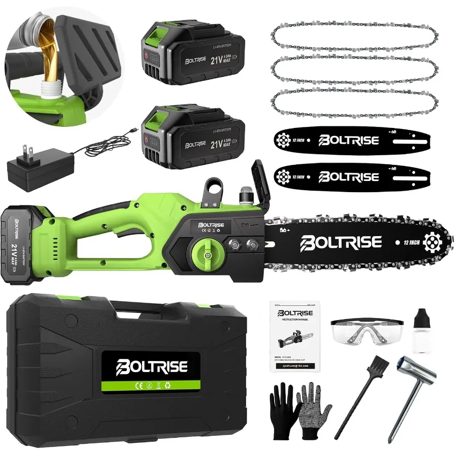 

12 Inch Cordless Brushless Electric Chainsaw with 2 × 4.0Ah Batteries and Auto Oiler Security Lock 42 FT S HighPowered Compact