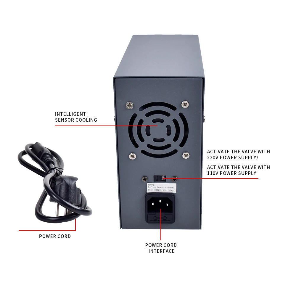 Zasilacz przemysłowy DC z wyświetlaczem LCD, regulowany, impulsowy, 30V 5A, z certyfikatem CE, wejście 230V, do laboratoriów i sprzętu telekomunikacyjnego.