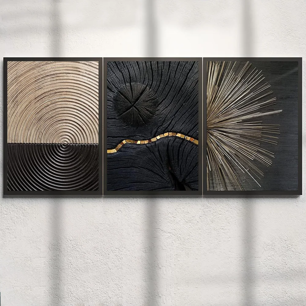 3pcs Modern Minimalist Canvas Wall Art Set - Sunburst Pattern, Geometric Half Circle, Rustic Wood Grain & Golden Inlay, Indus