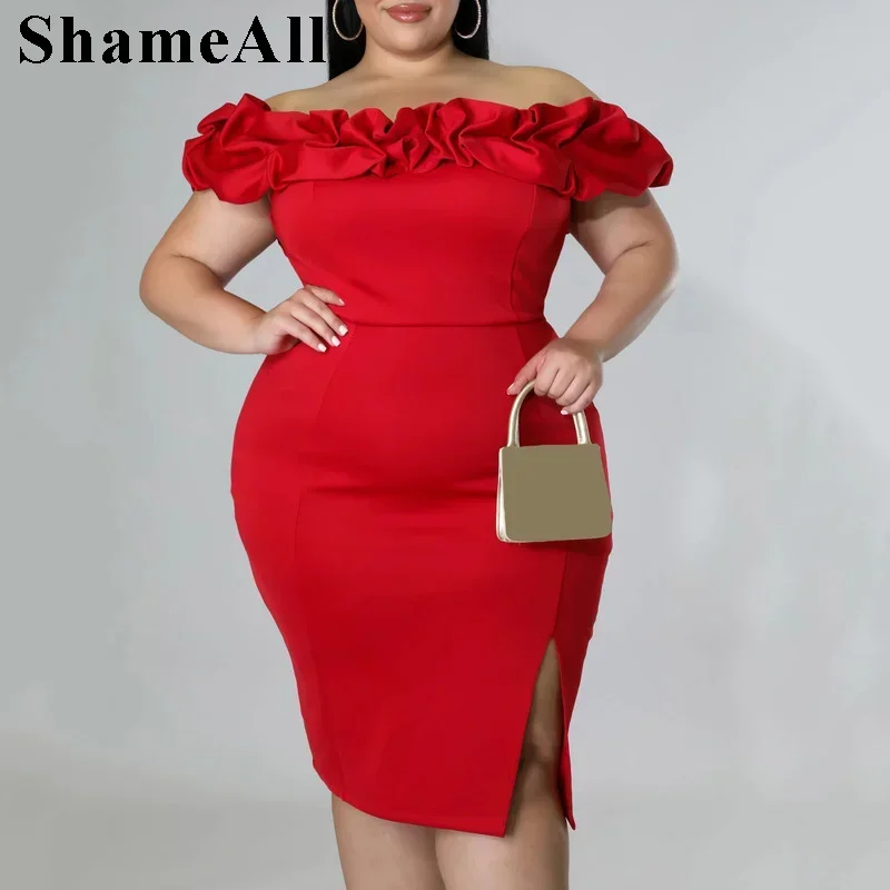 Plus Size Ruffle Off Shoulder Bodycon Party Club Dress Women 4XL Summer Strapless Backless Evening Bandage Formal Birthday Dress