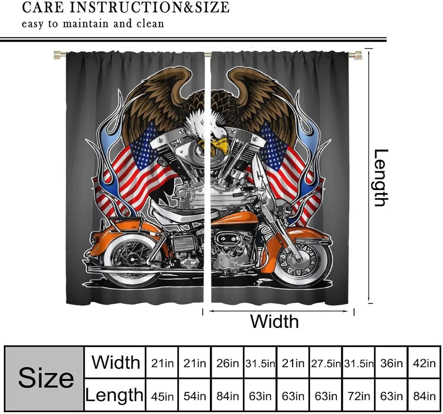 Animal Eagle Curtain American Flag Motorcycle Window Curtain Drapes Rod Pocket Kitchen Dining Room Cafe Bedroom Living Room