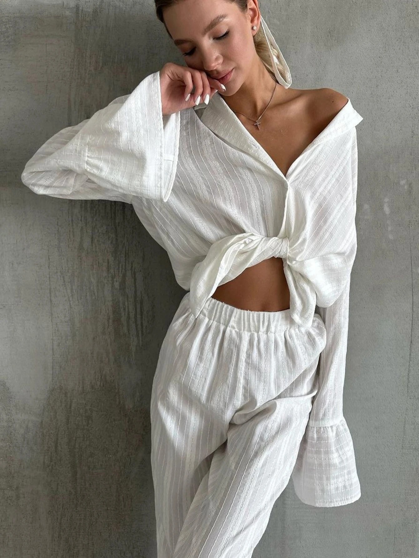 

High-grade Casual Women Nightgown 2 Piece Suit Long Sleeve Nightwear Turn-Down Collar Sleepwear Pants Loose Home Clothes Ladies