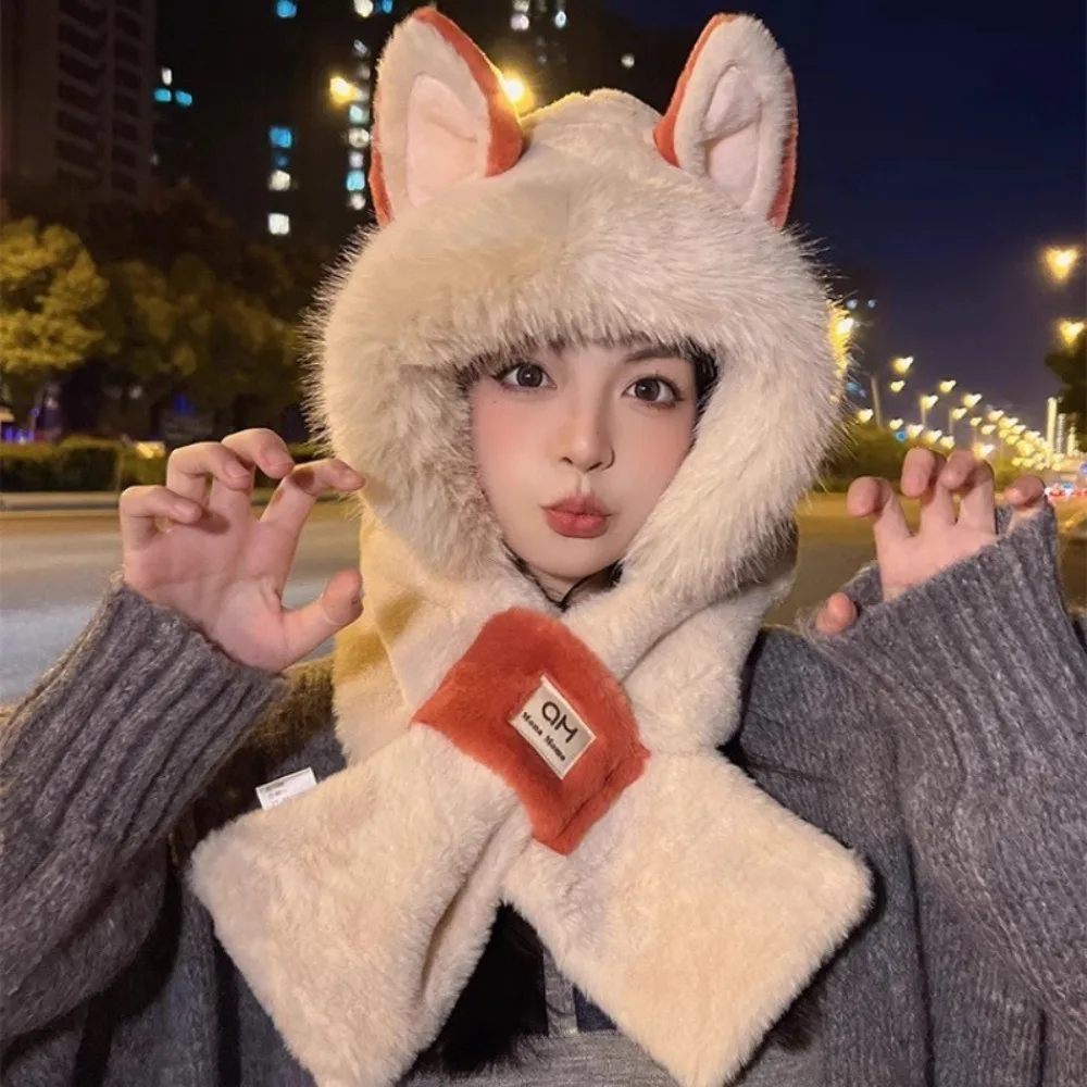 الشتاء الثعلب الأذن شكل قبعة متكاملة وشاح يندبروف سماكة الأذن حماية قبعة عادية قبعة صغيرة دافئة وشاح للنساء