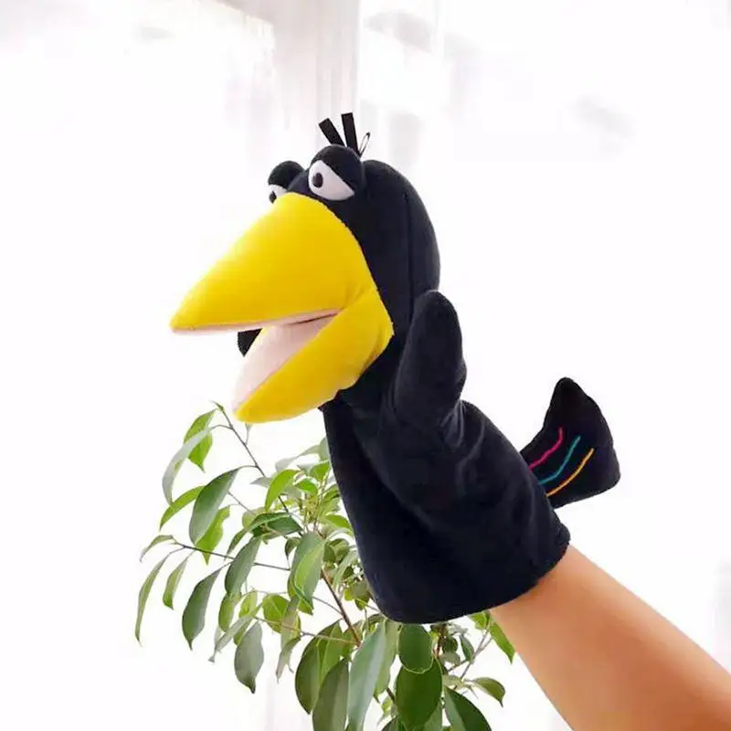 25CM Crow Hand Puppet Kids Finger Puppets with Movable Mouth Animals Dolls Interactive Puppet Toy for Toddler for Stroytelling