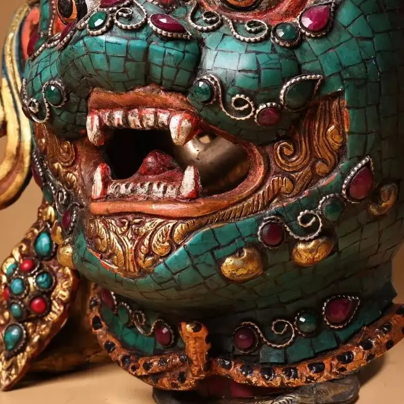 Colección folclórica Xizang antigua de 13 ", contorno pintado de bronce antiguo en mosaico dorado, gema, turquesa, Mahakala, máscara de cabeza de Buda, salón de adoración