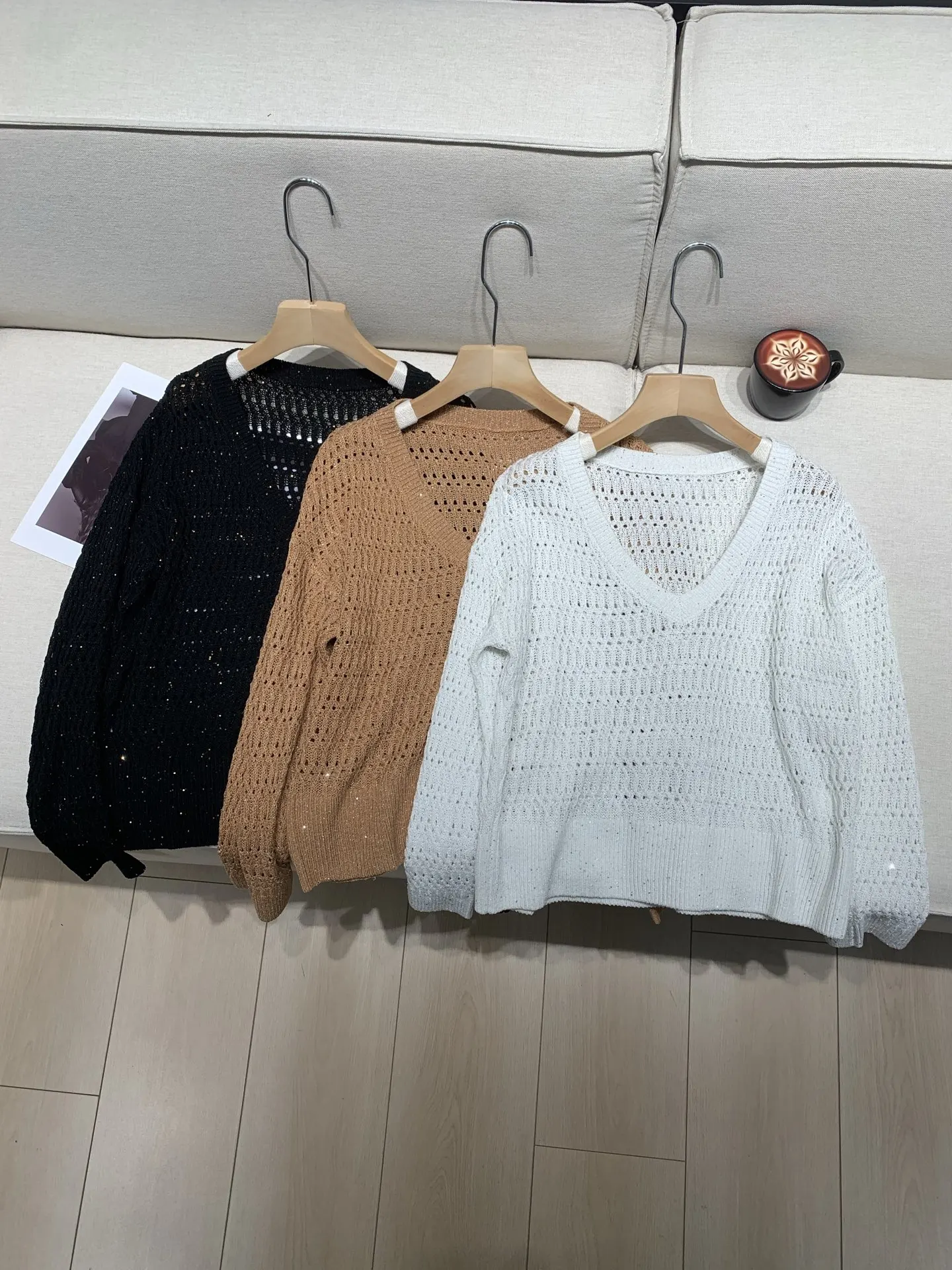 

Women Linen Blend Knitted Pullover Sequined Hollow Out V-Neck Long Sleeve Fashion Sweater