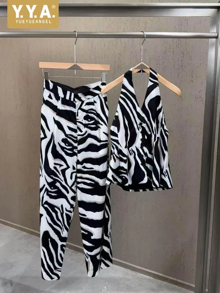 Leisure Ladies Sleeveless Single-Breasted Halter Top Wide Leg Trousers Two Piece Set Mixed Color Regular Fit Matching Sets