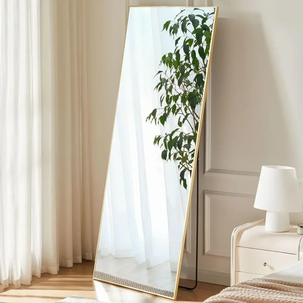 

Full Length Mirror Floor Mirror Full Body Mirrors with Stand, Wall Full Length Aluminum Alloy Frame Against Wall, Gold