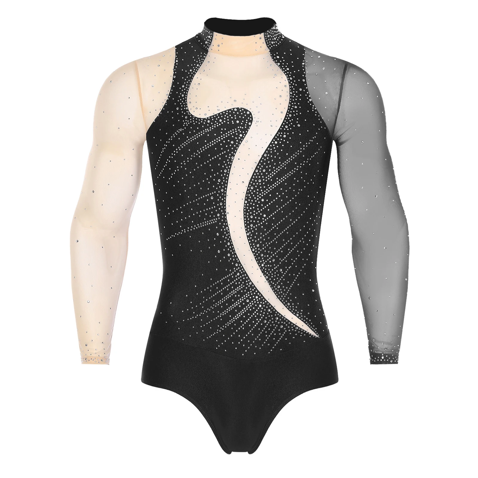 

Men's Latin Jazz Dance Leotards Jumpsuits Contrast Color Rhinestones Bodysuit Gymnastics Figure Skating Ballroom Chacha Costumes