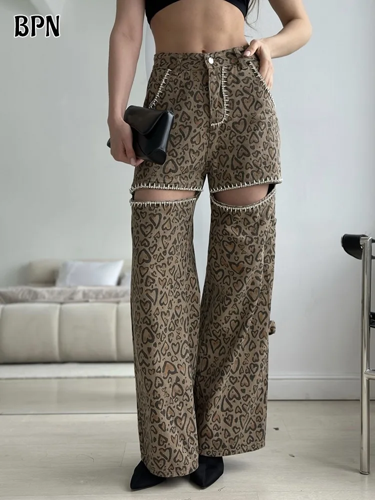 

BPN Fashion Leopard Printing Jeans For Women High Waist Hollow Out Patchwork Diamonds Streetwear Loose Wide Leg Pants Female New