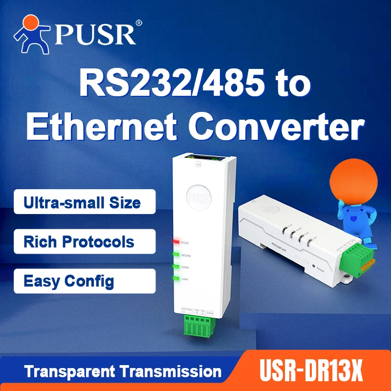 PUSR Din Rail Serial RS485 RS232 to Ethernet Modbus RTU to TCP Modbus Gateway Easy Config Rich Protocols USR-DR132/DR134