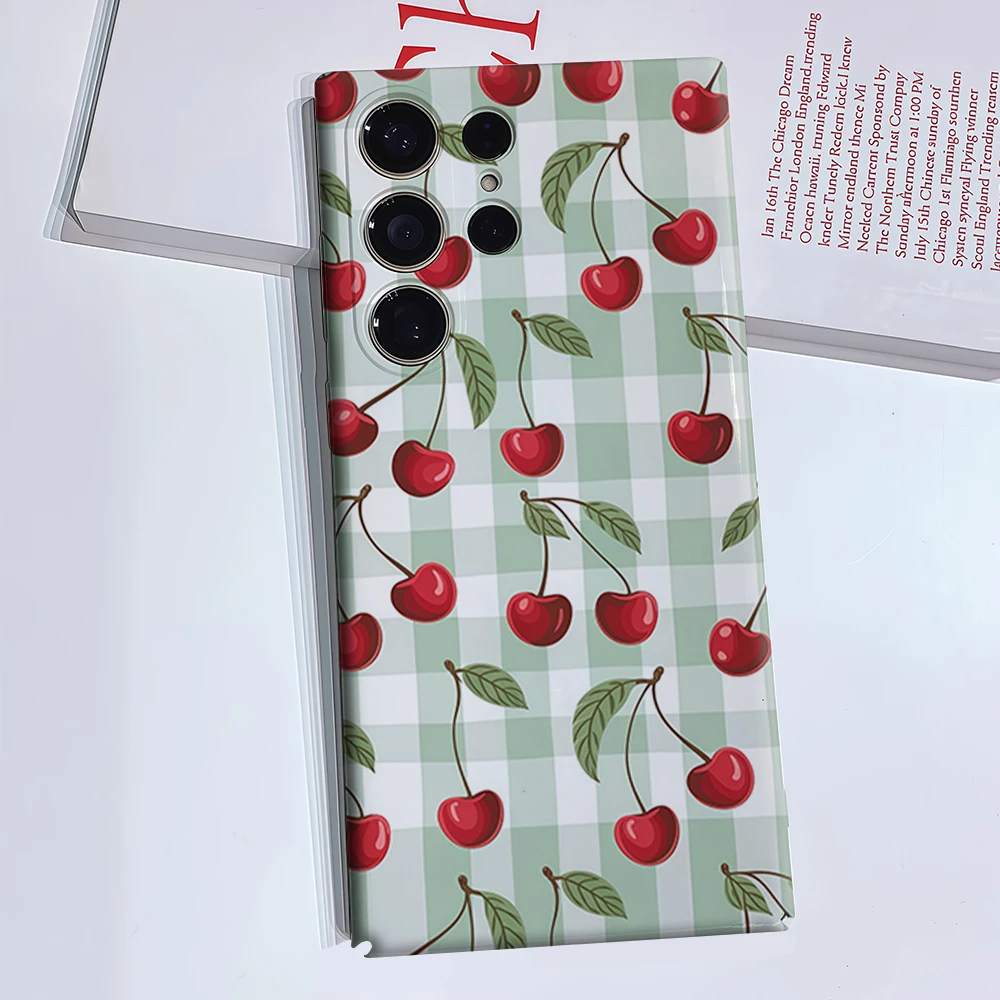Mint Gingham Cherries Phone Case for Samsung Galaxy S26 S25 Ultra S24 S23 Ultra Plus Glossy Double-layer Back Cover