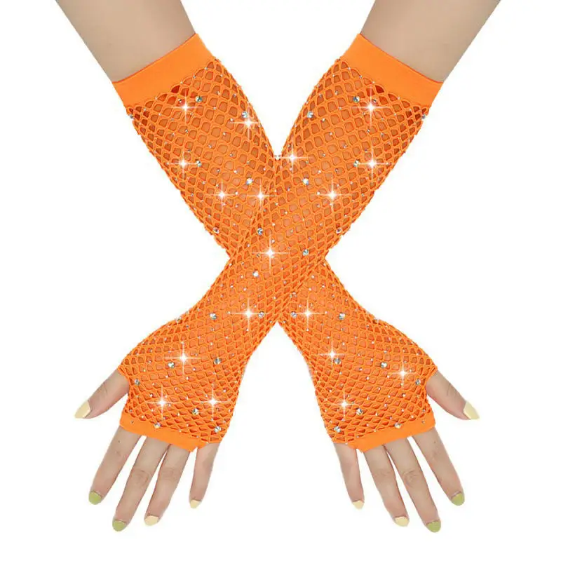 Party Fishnet Sleeves Women Sheer Gloves Elastic Cuffs Dancing Mesh Retro Club Sexy Diamond Long Arm Sleeve Shiny Gloves