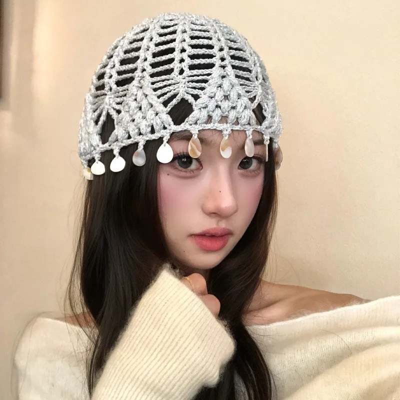 Koreanische Neue Mütze mit Muschel-Quasten-Design, Strickmütze, Herbst, handgefertigt, gehäkelt, hohles Netz, atmungsaktive Beanie-Mützen für Damen – Detail 1