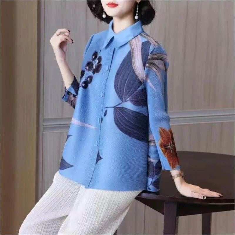 

Casual cardigan blouse female age reducing lapel printed shirt women 2023 summer and spring pleated nine sleeve blouse female