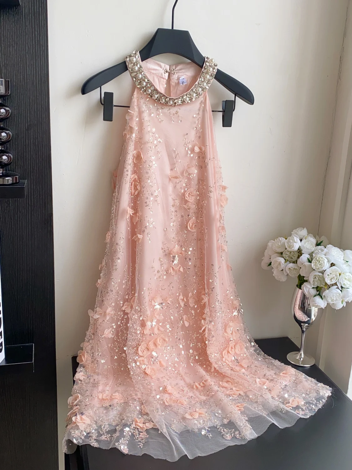 

Женская блестящая юбка А-силуэта с бисером и 3D-цветами, с завышенной талией, из полиэстера, для повседневной носки