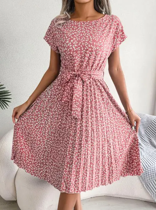 Wiosenno-letnia nowa, codzienna, plisowana spódnica z krótkim rękawem i kwiatowym wzorem, elegancka sukienka w stylu wiejskim dla kobiet