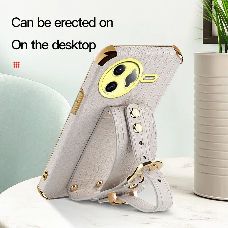 

Wrist Strap Crocodile PU Leather Silicone Cases For Poco F6 Pro F7 Ultra F5 F3 F4 GT With Wristband Stand Soft Cover Phone Case