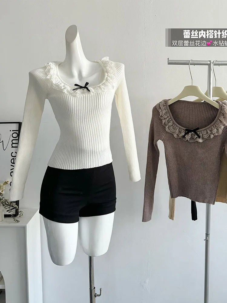 Sweet Sweater Women O-Neck Lace Bow Knitted Pullover Loose Korean Fashion Casual High Street Jumper Autumn Winter Preppy Style